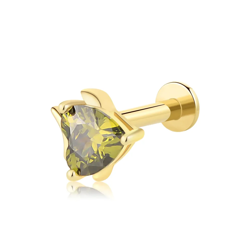 14K Solid Gold Fish-Shaped Threadless Labret Stud with Green CZ Stone