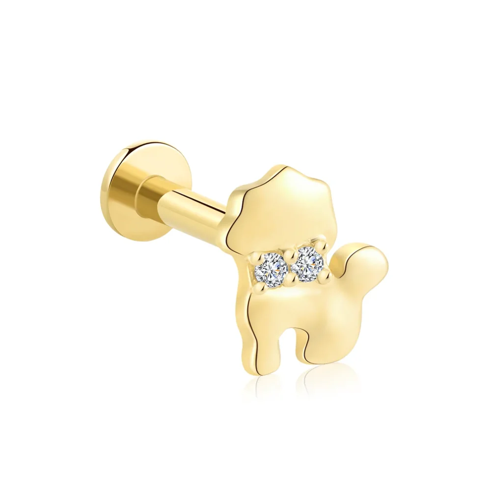 14K Solid Gold Cartoon Dog Threadless Labret Stud with CZ Stone