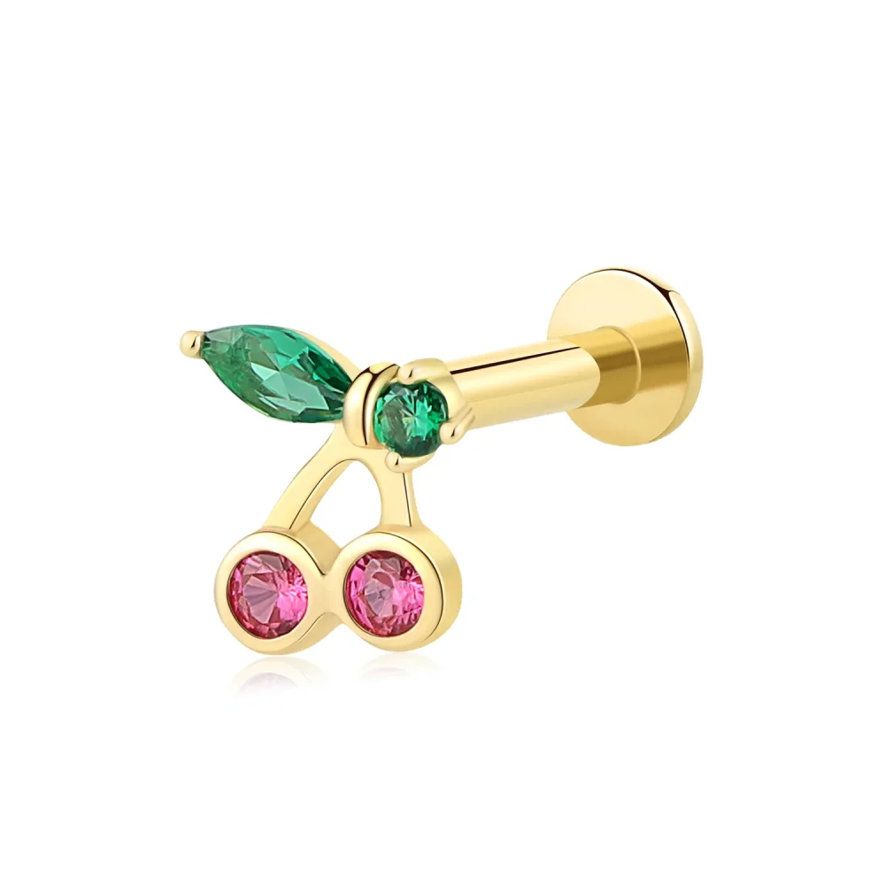 14K Solid Gold Cherry-Shaped Threadless Labret Stud with Red and Green CZ Stones