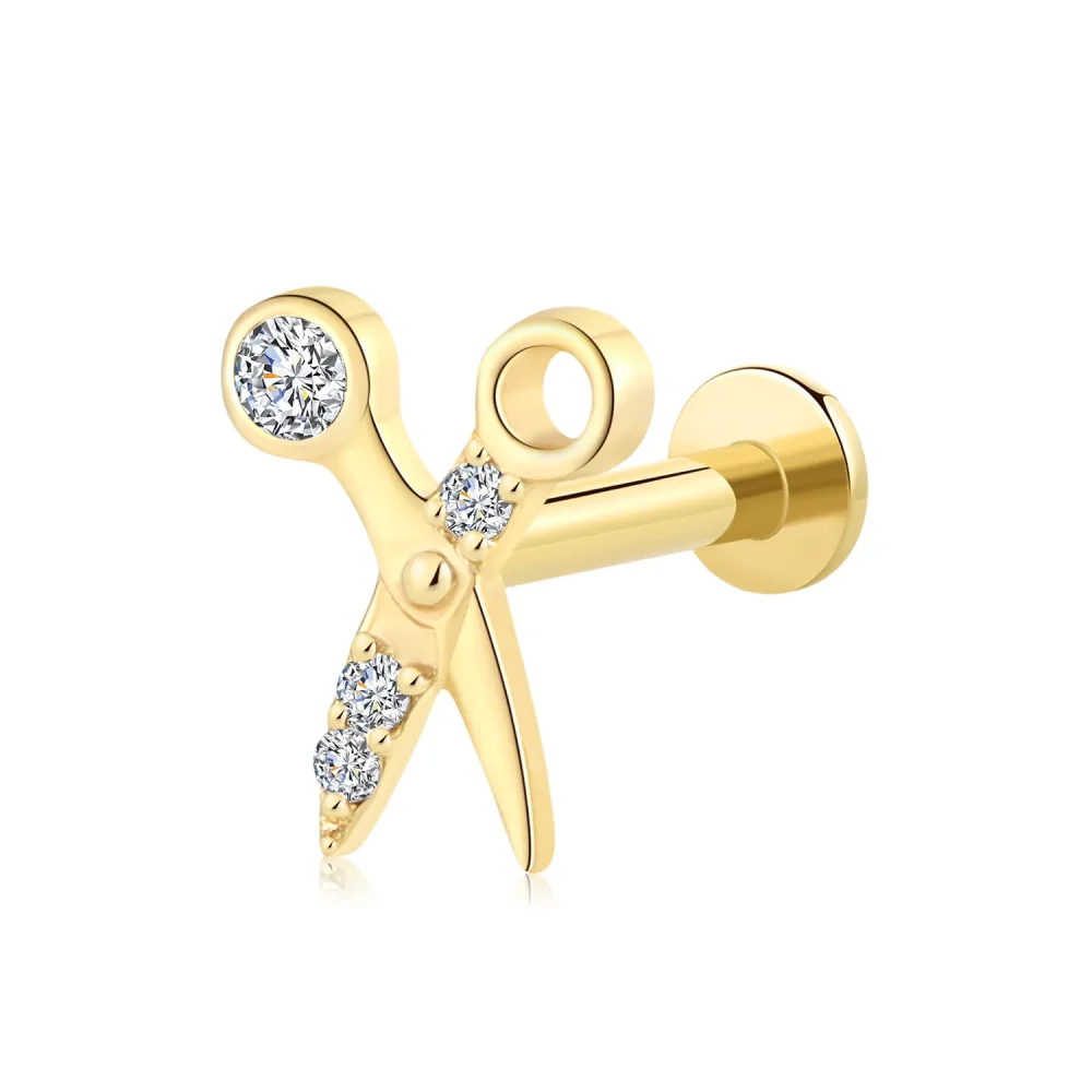 14K Solid Gold Mini Scissors Threadless Labret Stud with CZ Stone