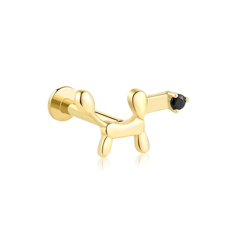 14K Solid Gold Cartoon Dog Threadless Labret Stud with Black CZ Stone