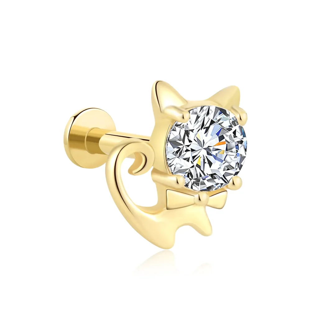 14K Solid Gold Cat-Shaped Threadless Labret Stud with Large CZ Stone