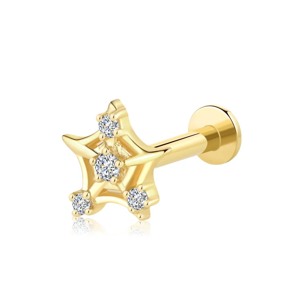 14K Solid Gold Starfish-Shaped Threadless Labret Stud with CZ Stone