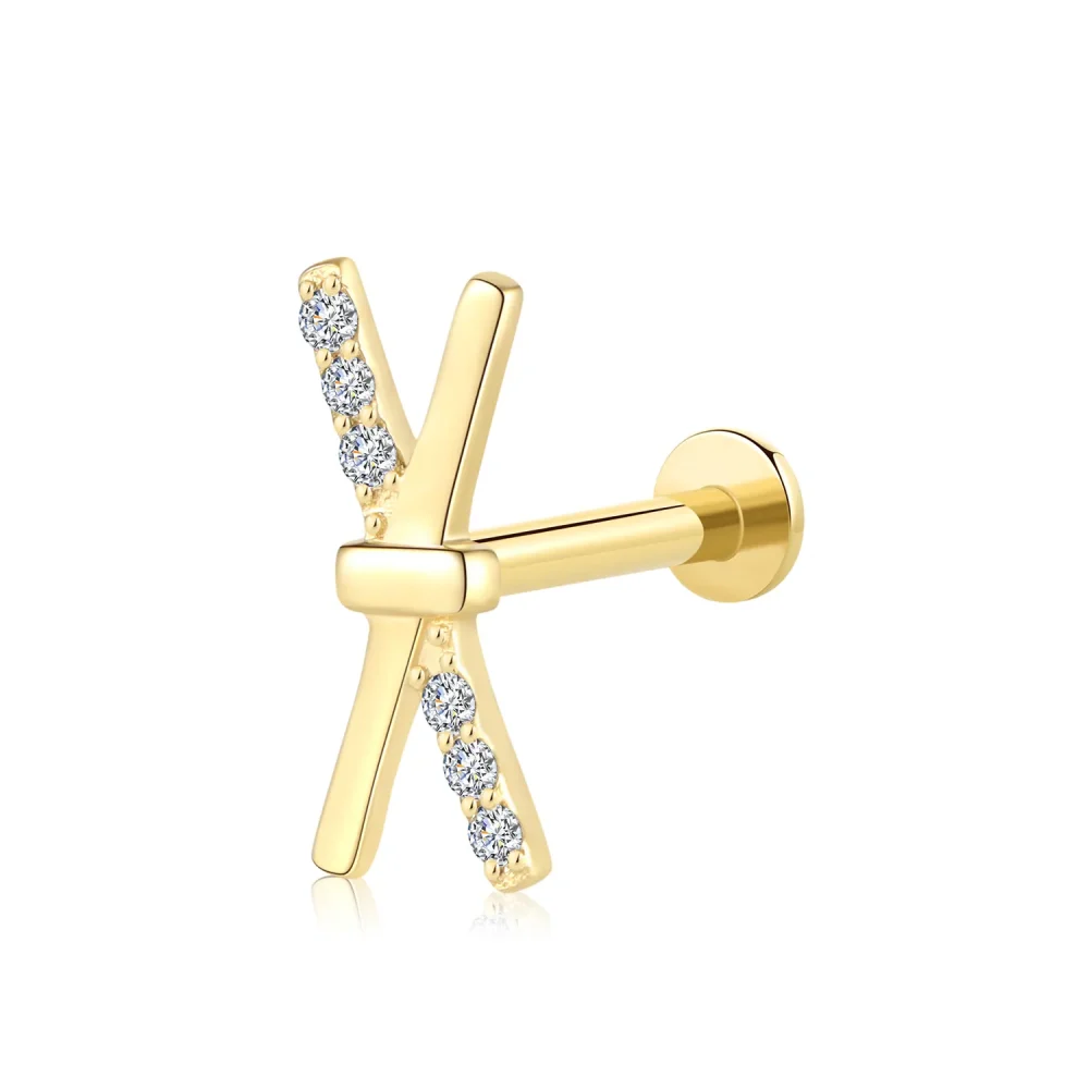 14K Solid Gold Internally Threaded Labret Stud with Six CZ Stones